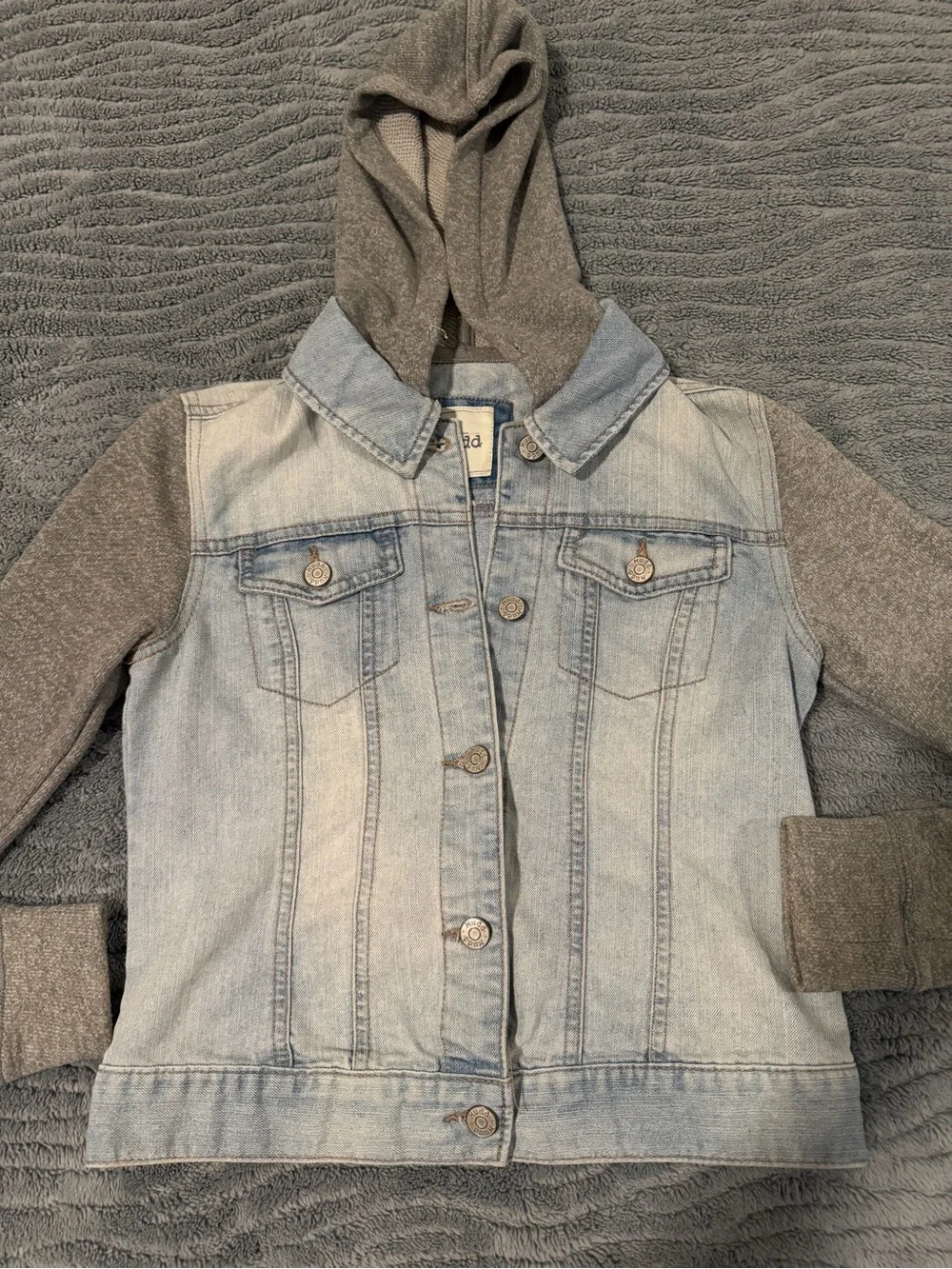 Mudd Light Blue Denim Jacket with Gray Hood & Sleeves
